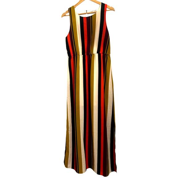 Moa Moa 70's Vibe Lined Striped Sleeveless Maxi Dress with Slits Women's Medium - Picture 2 of 8